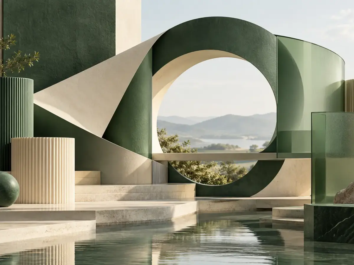 Architektonische Komposition aus kreisförmigen Öffnungen, hellen Flächen und grünen Akzenten – fiktive Formstudie.