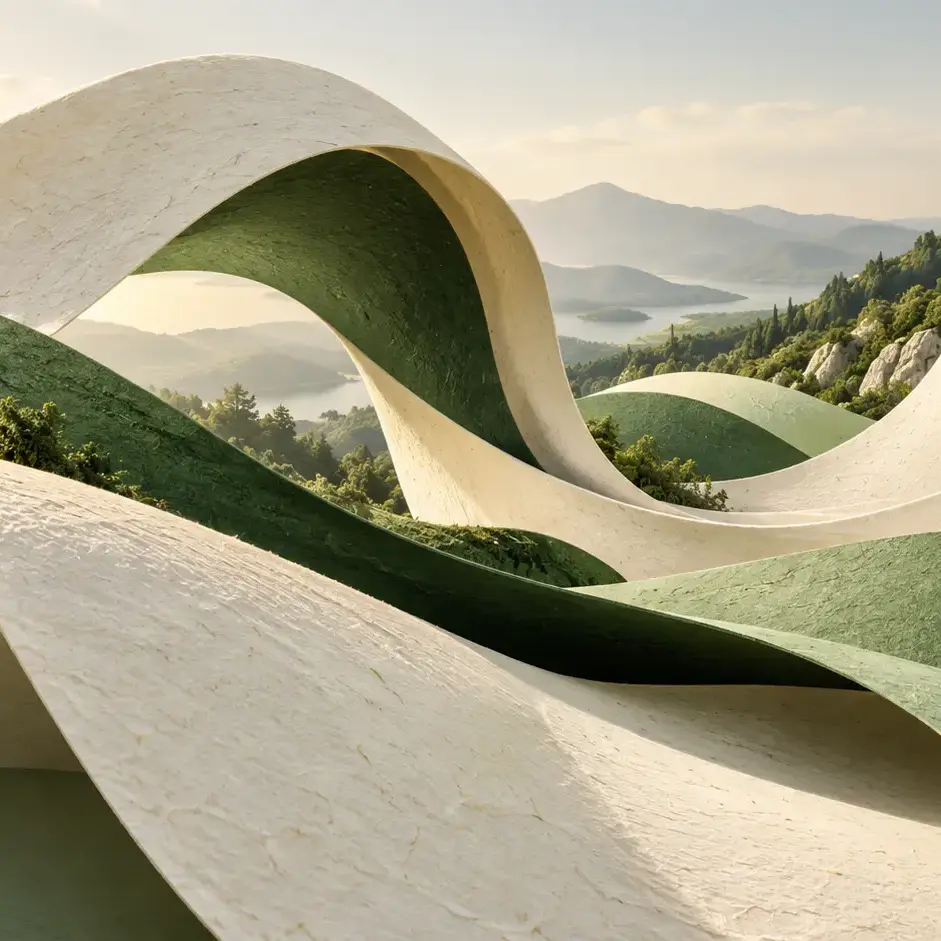 Fließende helle Flächen mit sanften Übergängen und olivgrünen Akzenten – fiktive Material- und Raumstudie.