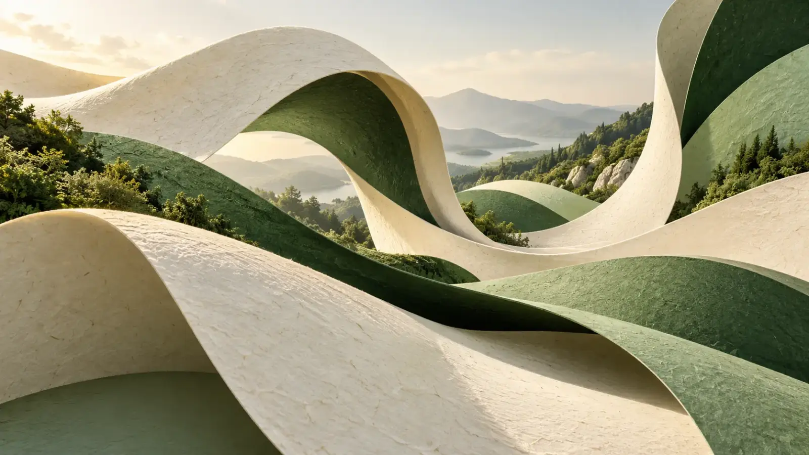 Fließende helle Flächen mit sanften Übergängen und olivgrünen Akzenten – fiktive Material- und Raumstudie.