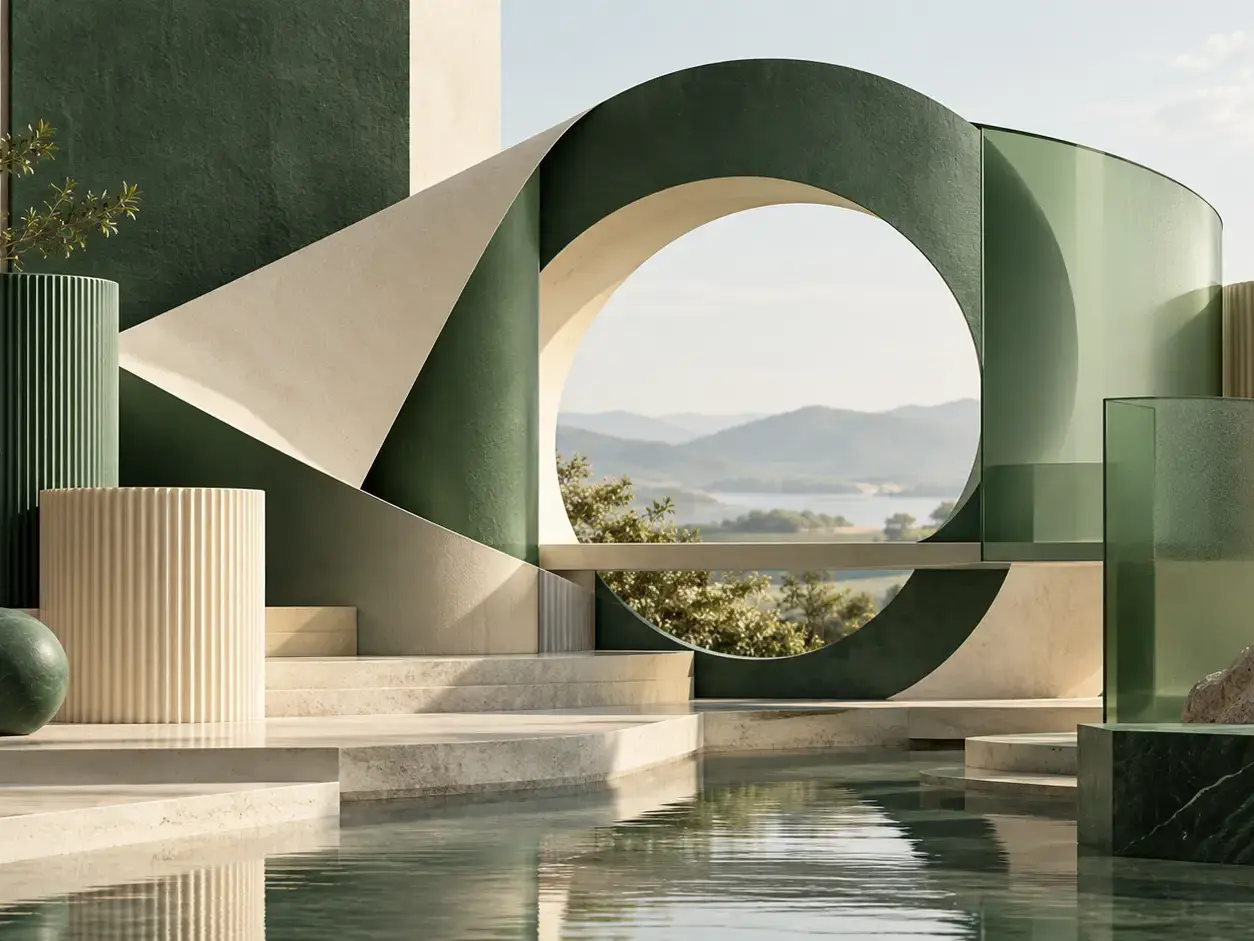 Architektonische Komposition aus kreisförmigen Öffnungen, hellen Flächen und grünen Akzenten – fiktive Formstudie.